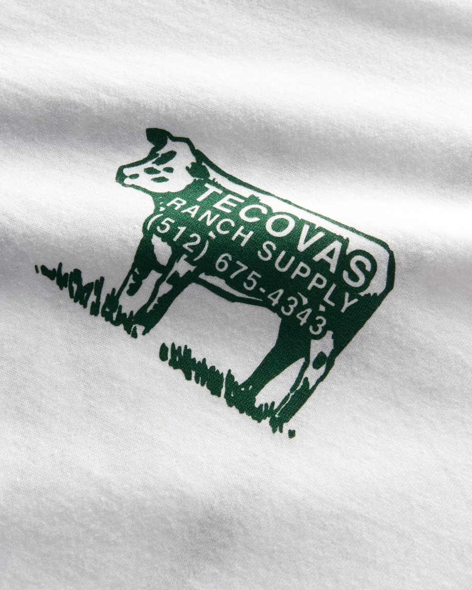 Closeup view of Men's Tecovas Ranch Supply Ringer Tee - Bone/Green