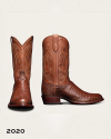 Pair of brown leather cowboy boots with textured vamps and decorative stitching on the shafts.