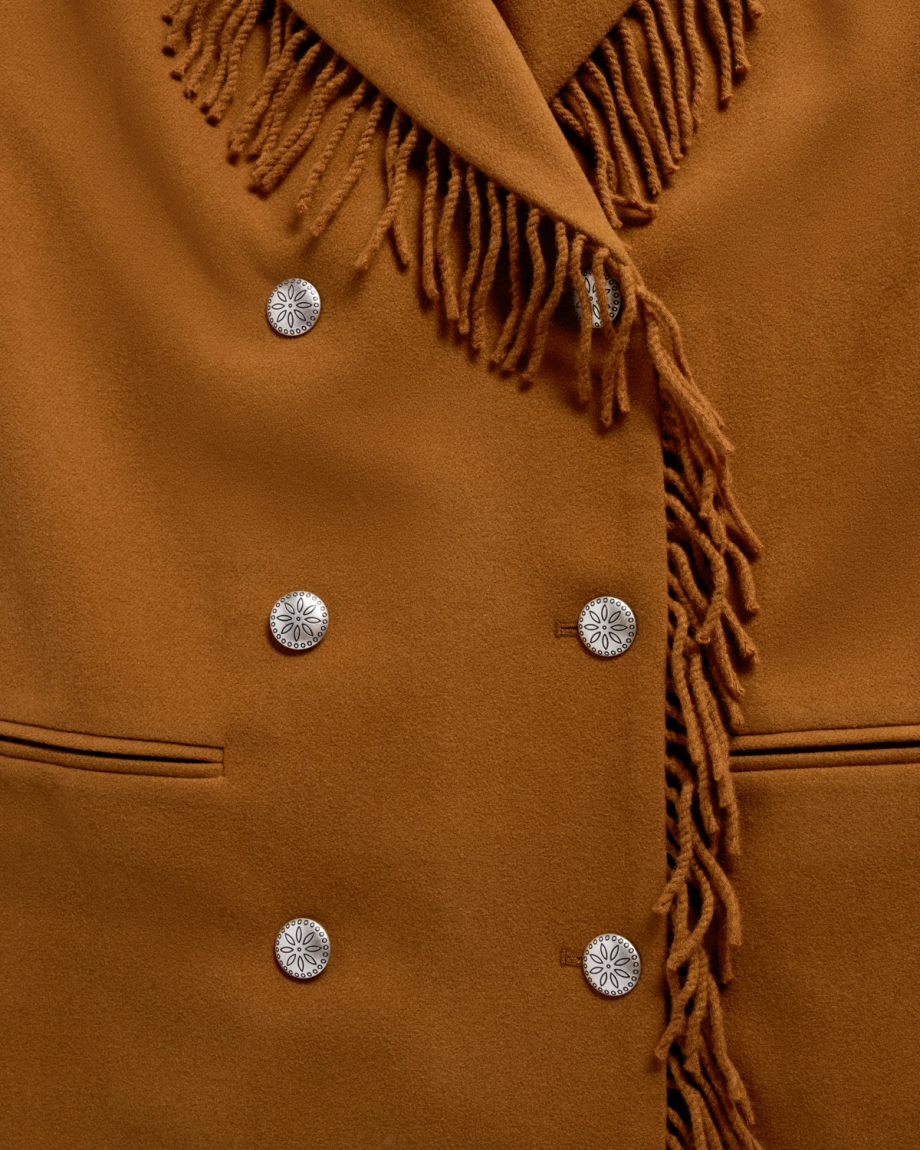 Closeup detail view of Women's Western Fringe Coat - Caramel