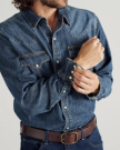 Closeup detail view of Men's Long Sleeve Denim Pearl Snap - Dark Wash