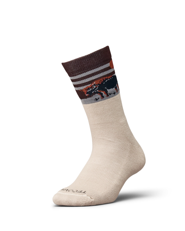 Beige crew sock with brown cuff, white stripes, and a pattern of a bear and trees near the top. The sock has the brand name "TeckWrap" on the toe.
