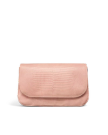 A blush pink textured clutch bag with a flap closure, displayed against a plain white background.