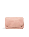 A blush pink textured clutch bag with a flap closure, displayed against a plain white background.