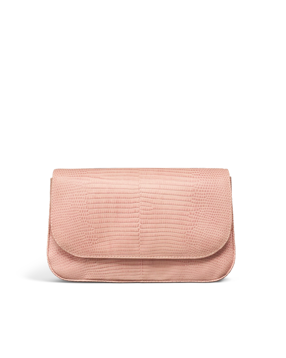 A blush pink textured clutch bag with a flap closure, displayed against a plain white background.