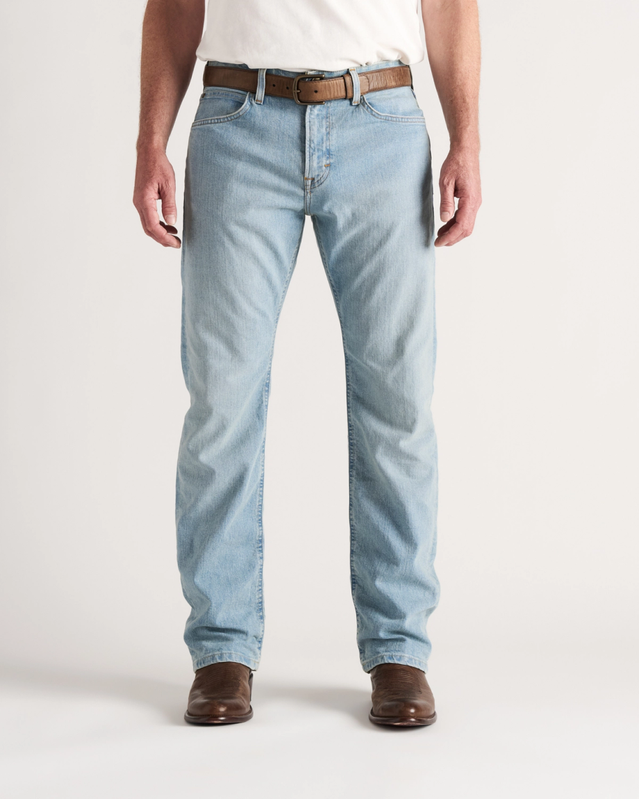 Front view of Men's Straight Stretch Denim - Light Stone Wash on model