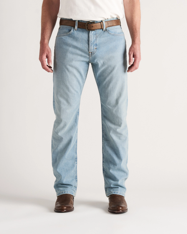 Front view of Men's Straight Stretch Denim - Light Stone Wash on model