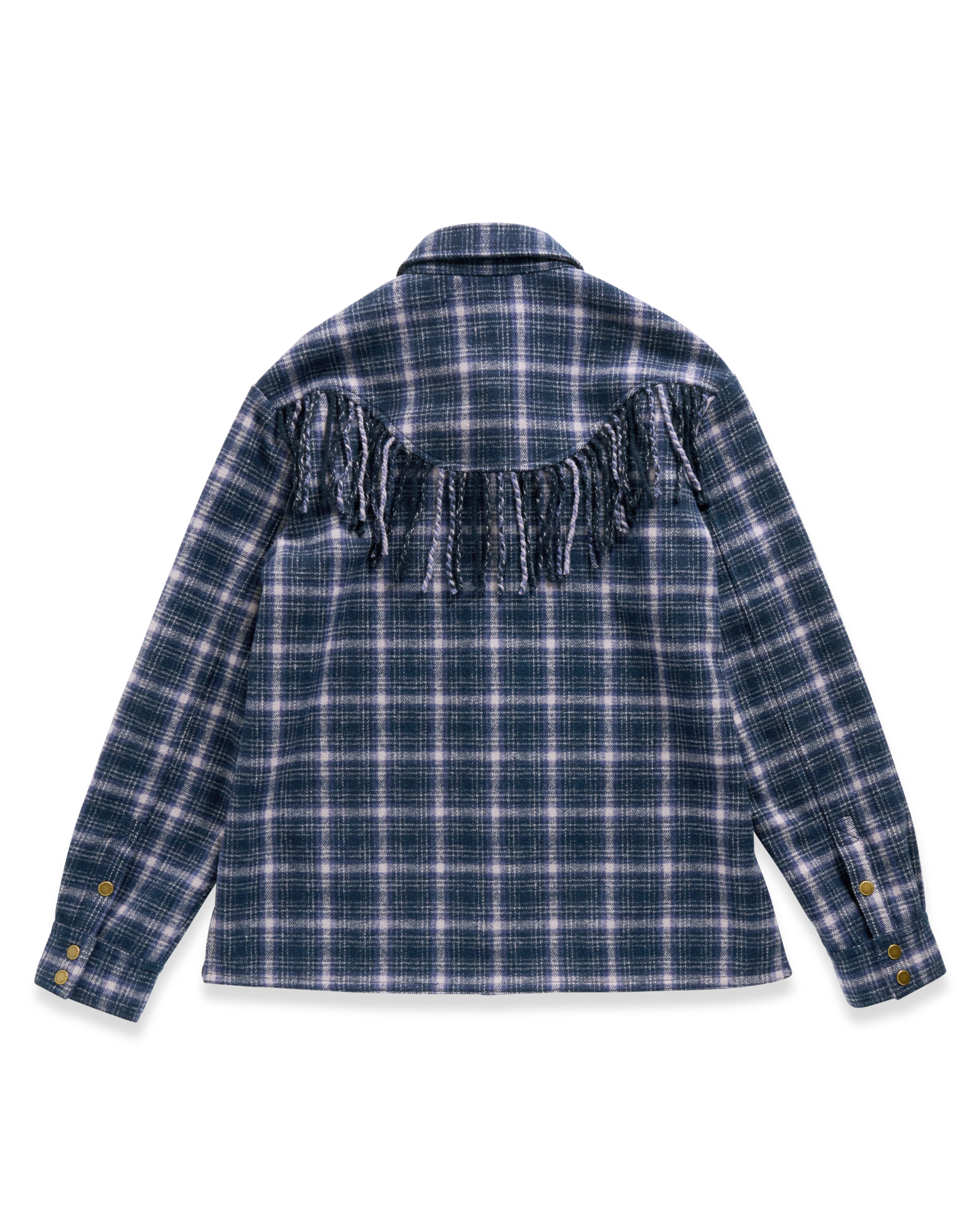 Closeup detail view of Women's Plaid Fringe Shacket - Navy / Mauve