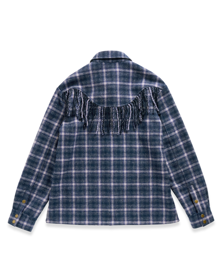 Closeup detail view of Women's Plaid Fringe Shacket - Navy / Mauve