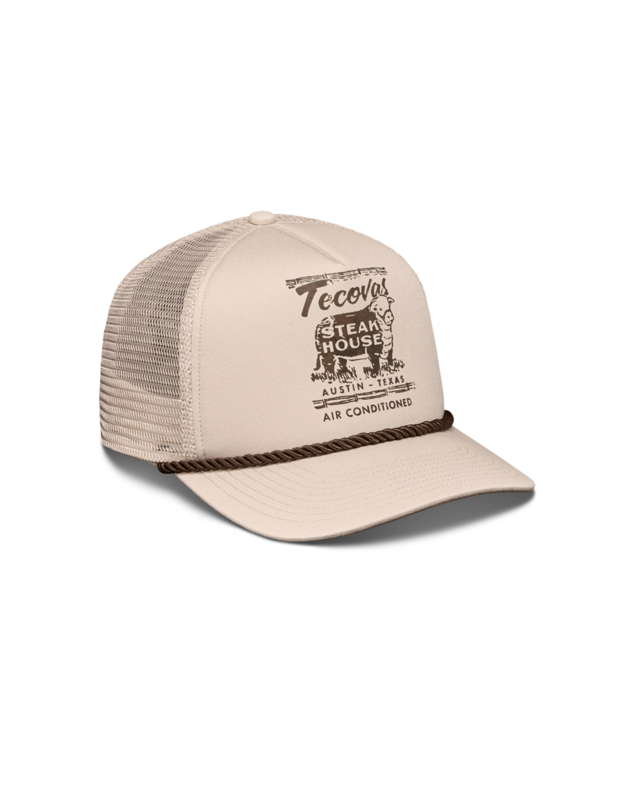 Quarterfront view of Tecovas Steakhouse Trucker - Cream on plain background