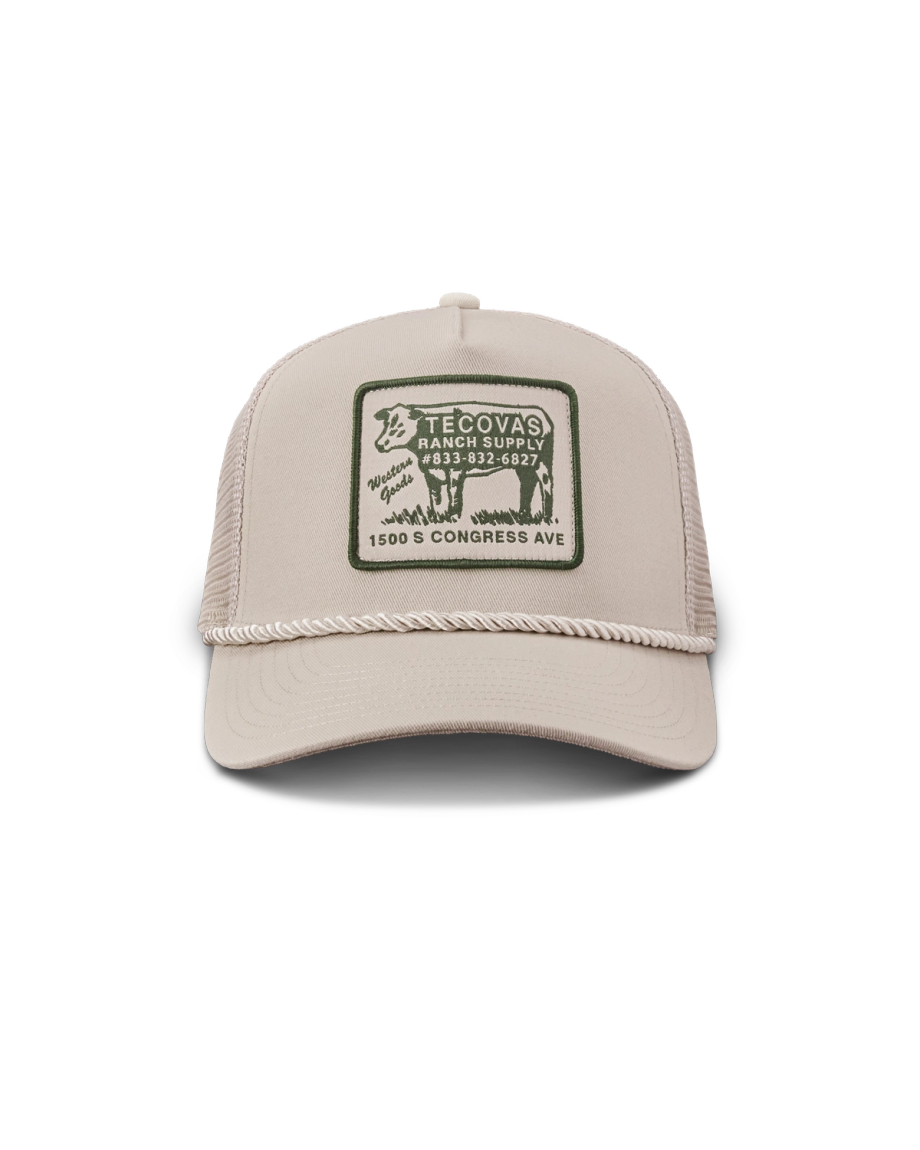 Front view of Soco Patch Five-Panel Trucker II - Cream on plain background