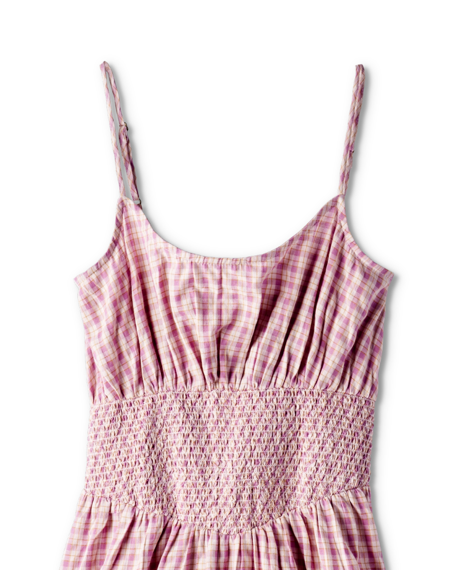 Closeup detail view of Women's Tank Tiered Midi Dress - Purple Cotton