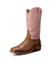 A single cowboy boot with a brown leather foot and a pink embroidered shaft on a white background.