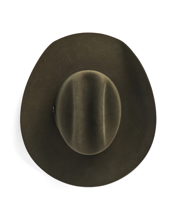Top view of Cattleman Wool Cowboy Hat - Dark Olive on plain background