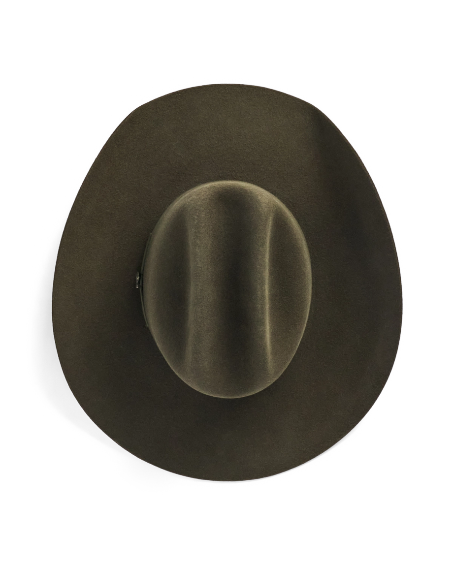 Top view of Cattleman Wool Cowboy Hat - Dark Olive on plain background