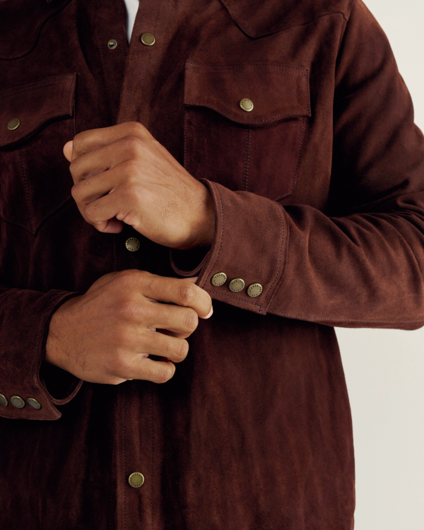 Front view of Men's Suede Overshirt - Brown on model