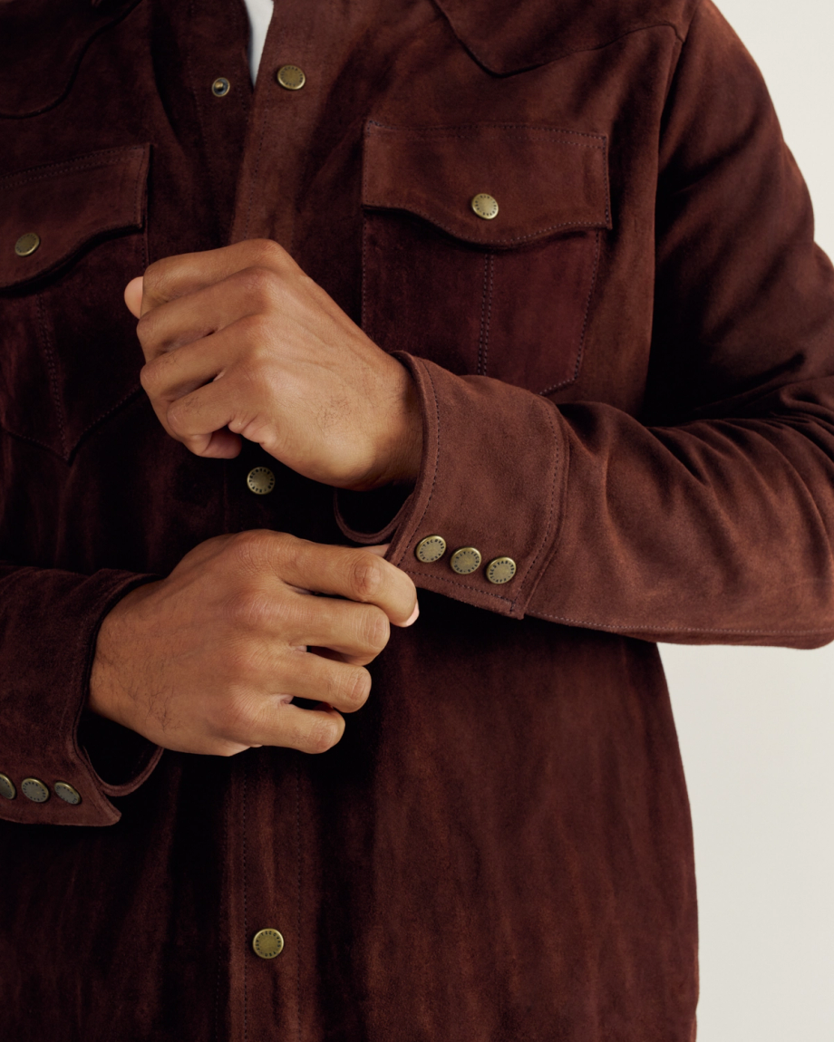 Front view of Men's Suede Overshirt - Brown on model