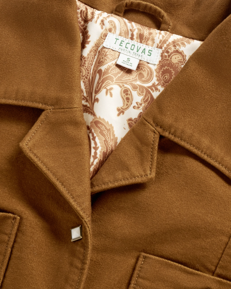 Closeup detail view of Women's Moleskin Pearl Snap Jacket - Camel
