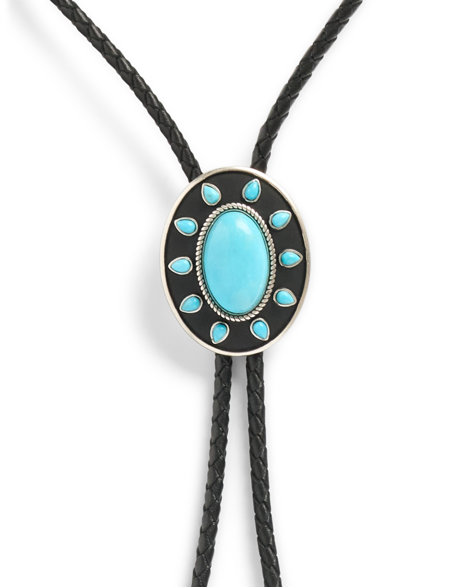 Closeup view of Iron Lamb Turquoise Sun Bolo - Turquoise/Black
