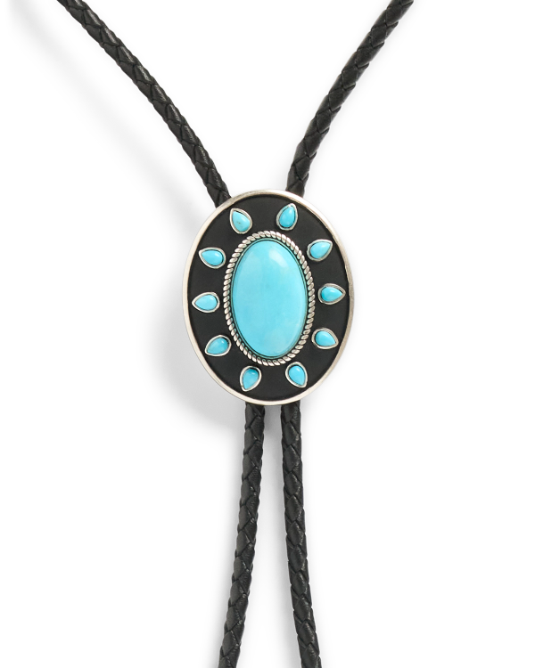 Closeup view of Iron Lamb Turquoise Sun Bolo - Turquoise/Black