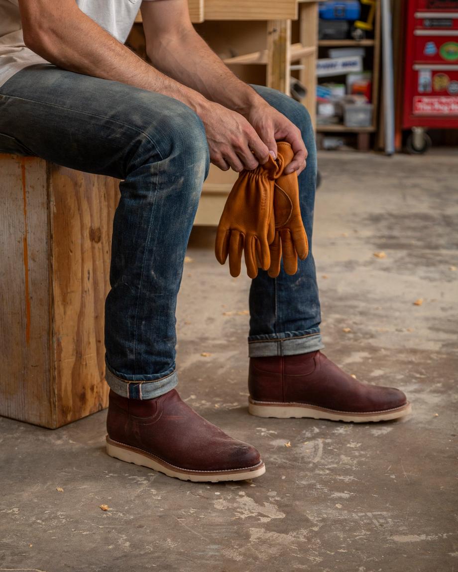 Man working in a garage wearing the Knox in Briar
