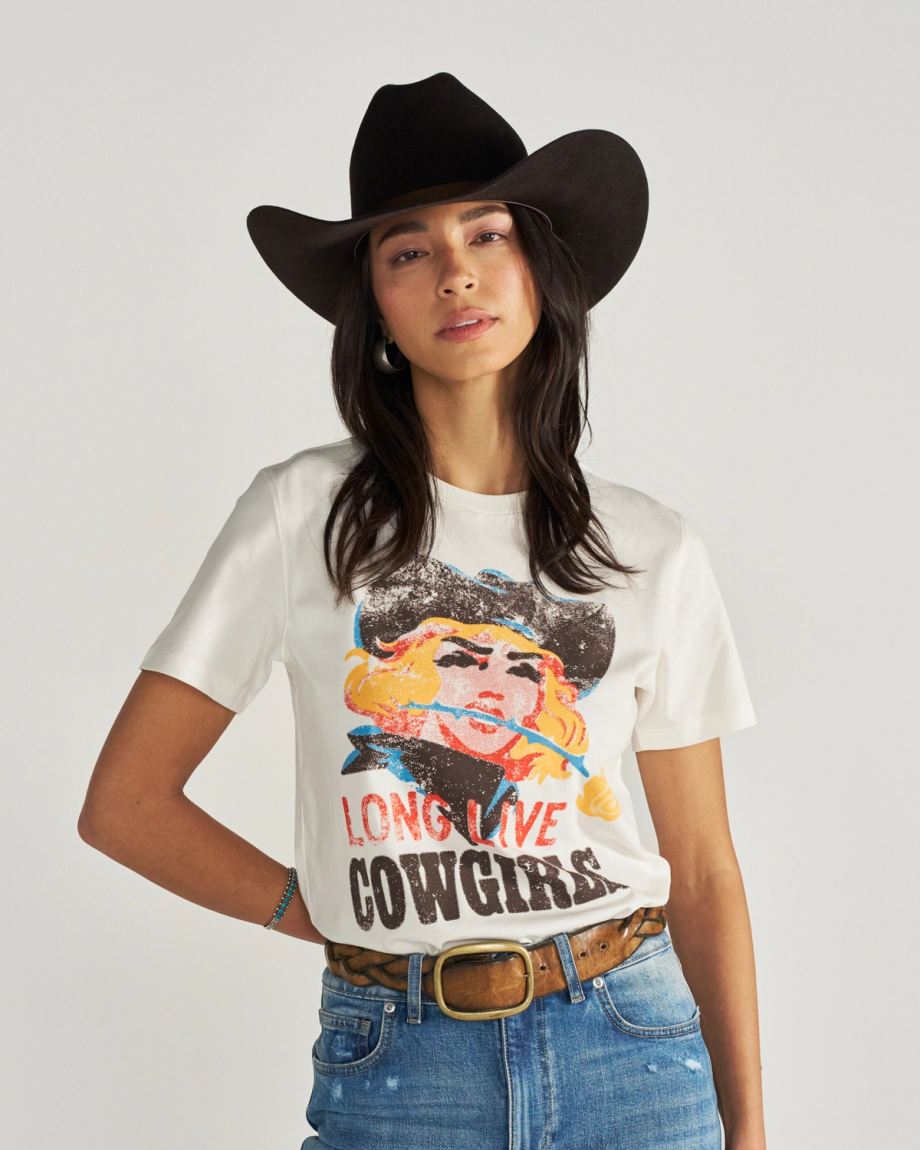 Front view of Women's Long Live Cowgirls Tee - Bone on model