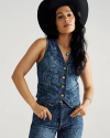 Front view of Women's Denim Vest - Blue Paisley on model