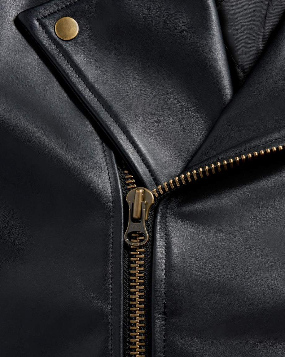 Closeup view of Men's Leather Biker Jacket - Black