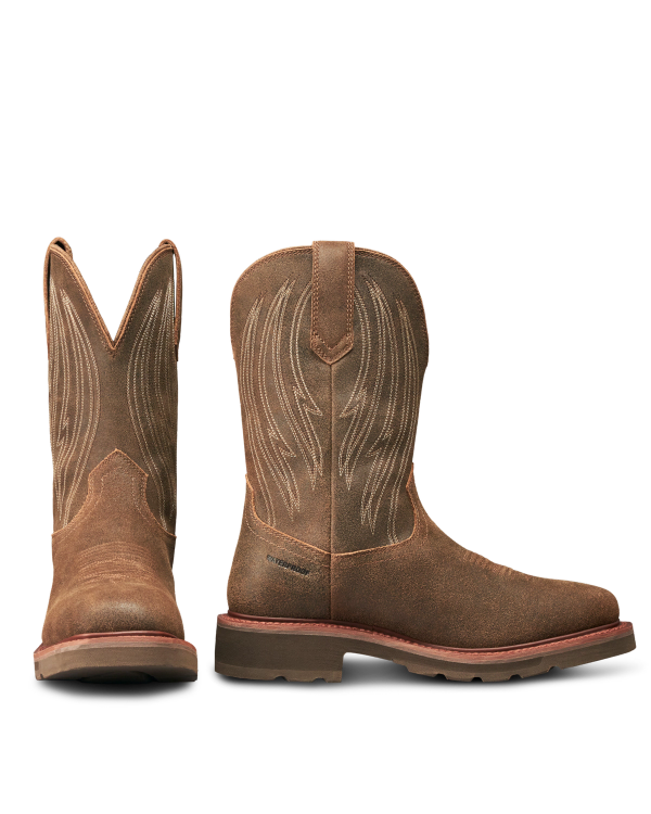 Pair view of LongHaul Waterproof Square Soft Toe Work Boot with Temp Control - Earthstone Cowhide on plain background