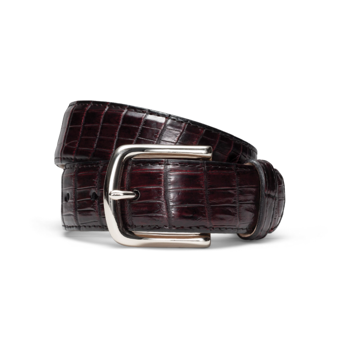 Front view of Men's Crocodile Belt - Black Cherry on plain background