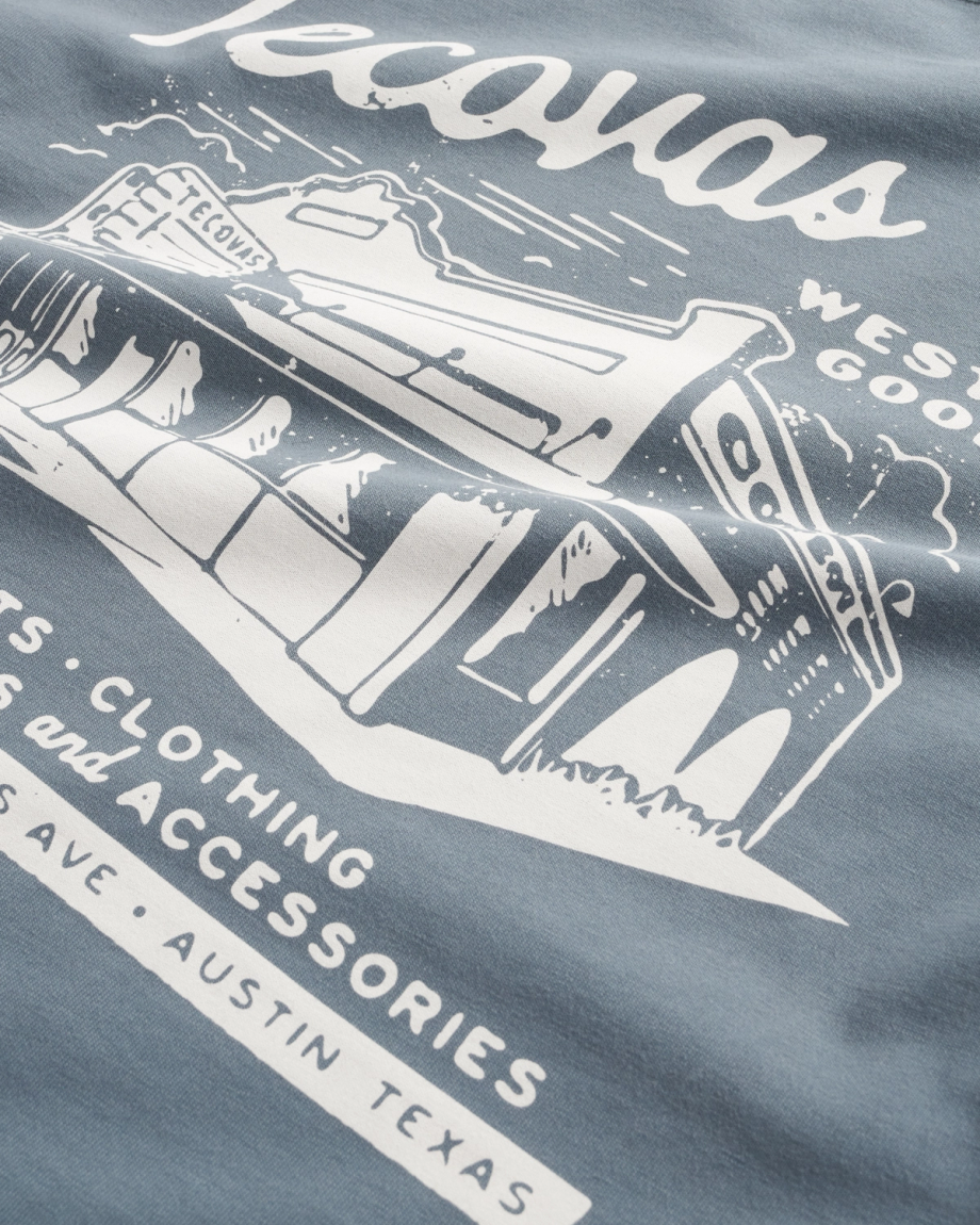 Front view of Women's Store Front Tee - Blue on plain background