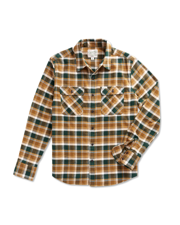 Long-sleeve plaid shirt with green, tan, and white pattern, button-down front, two chest pockets, and folded cuff, displayed on a white background.