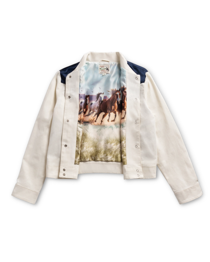 Back view of Women's Dolly Jacket  - Blue / White on plain background