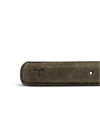 Close-up of a brown suede belt with a stamped logo on the left side and a single hole visible on the right, set against a plain white background.