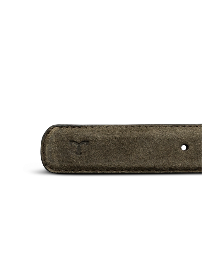 Close-up of a brown suede belt with a stamped logo on the left side and a single hole visible on the right, set against a plain white background.