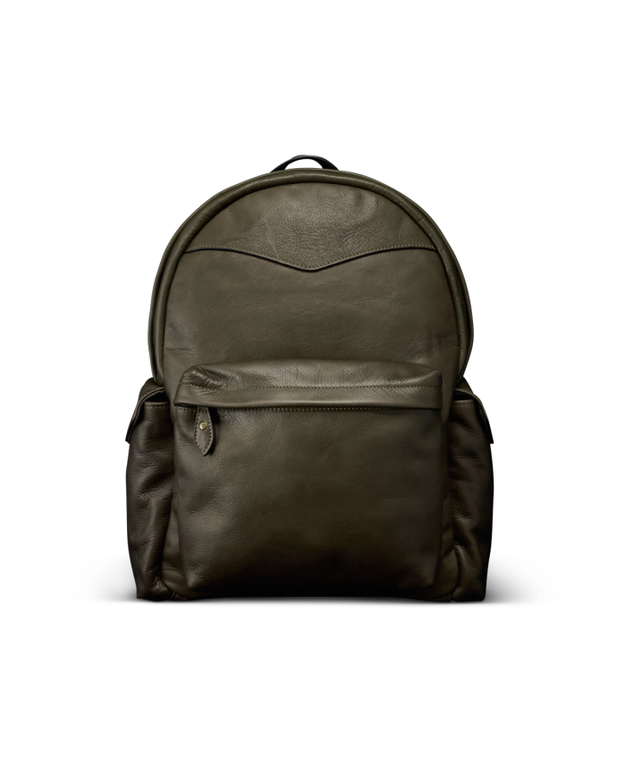 Front view of Men's Leather Backpack - Dark Olive on plain background