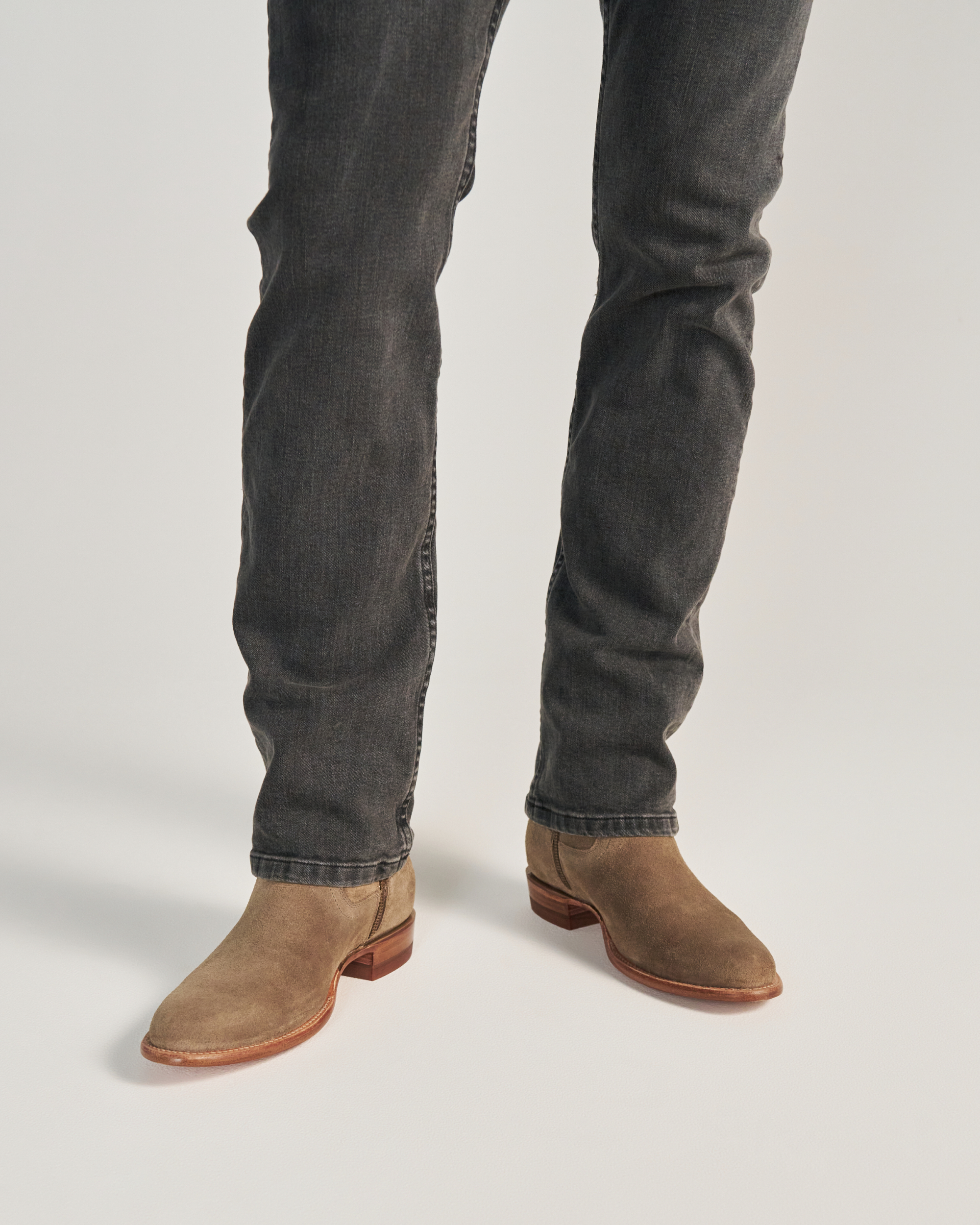 close up of Dean Granite Grey Suede cowboy boots on a man's feet 