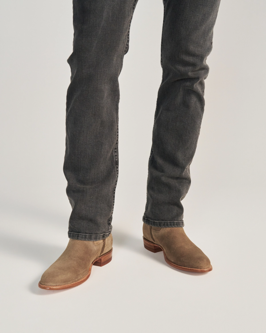 close up of Dean Granite Grey Suede cowboy boots on a man's feet