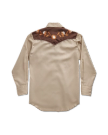 Closeup detail view of Tecovas x Cathy Hahn Men’s Vintage Western Pearl Snap - Tan / Chocolate