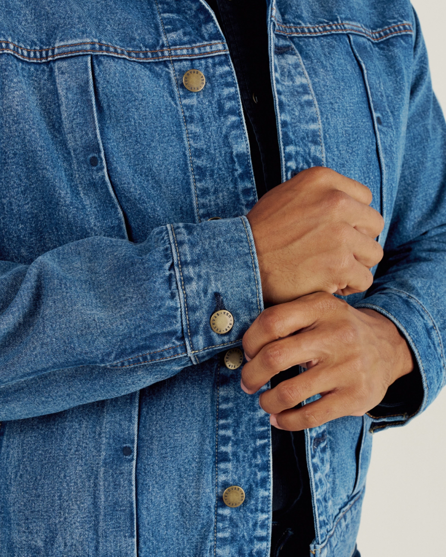 Closeup detail view of Men's Denim Ranch Hand Trucker - Medium Wash