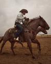 A cowboy wearing a hat rides a galloping horse on a dirt track, holding the reins tightly.
