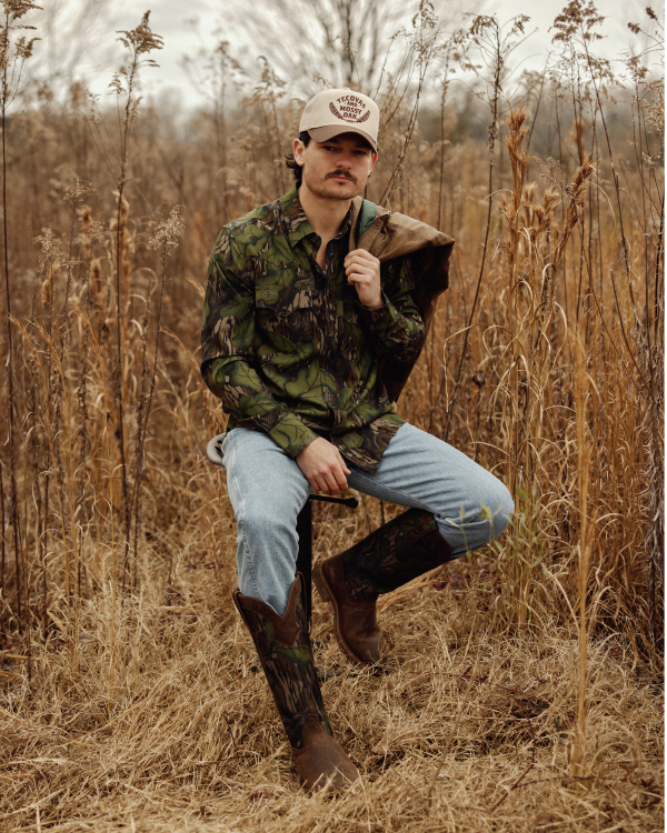 Full view of Tecovas x Mossy Oak Snake Boot - Full Foliage Cowhide on plain background
