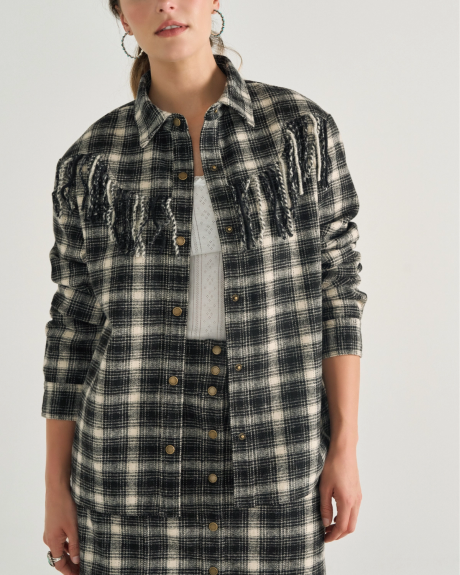 Closeup detail view of Women's Plaid Fringe Shacket - Black / White