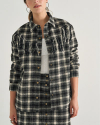 Closeup detail view of Women's Plaid Fringe Shacket - Black / White
