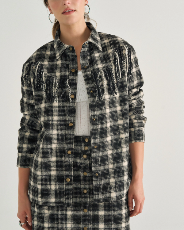 Closeup detail view of Women's Plaid Fringe Shacket - Black / White