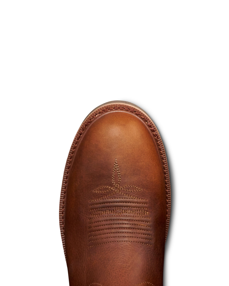Toe view of The LH WP Round Comp Toe Work Boot - Saddle Cowhide on plain background