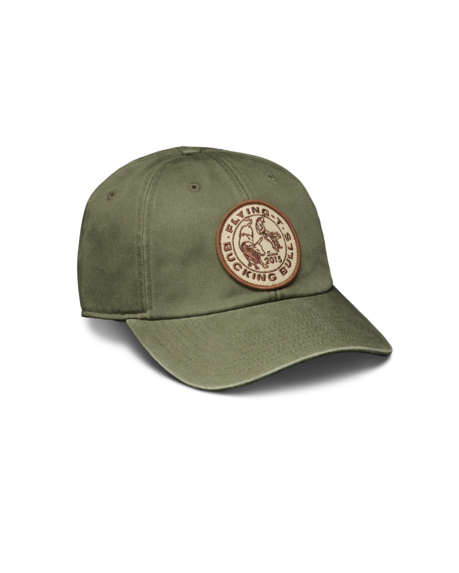 Quarterfront view of Flying T Bulls 6 Panel Dad Hat - Olive on plain background