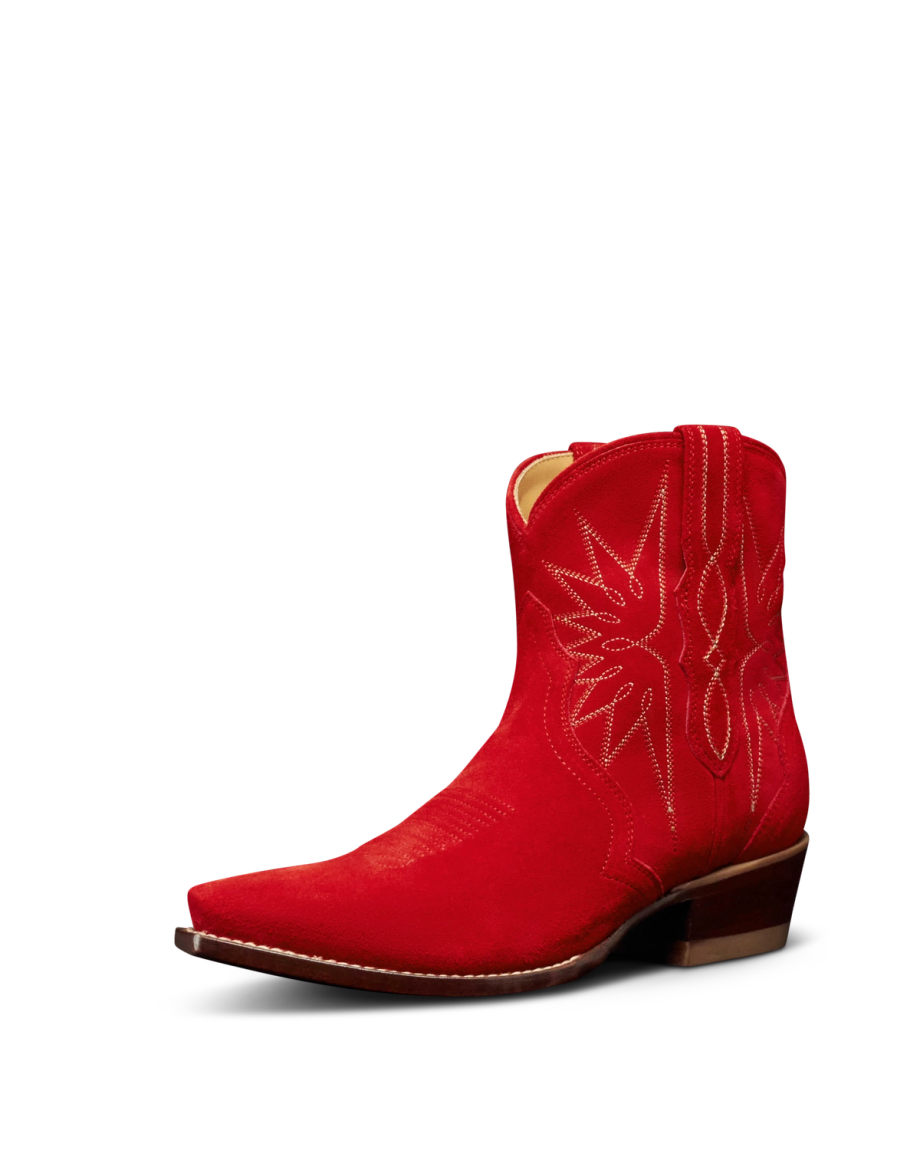 Quarterfront view of The Lynn - Barn Red Suede on plain background