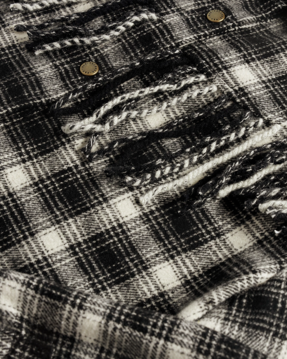 Closeup detail view of Women's Plaid Fringe Shacket - Black / White