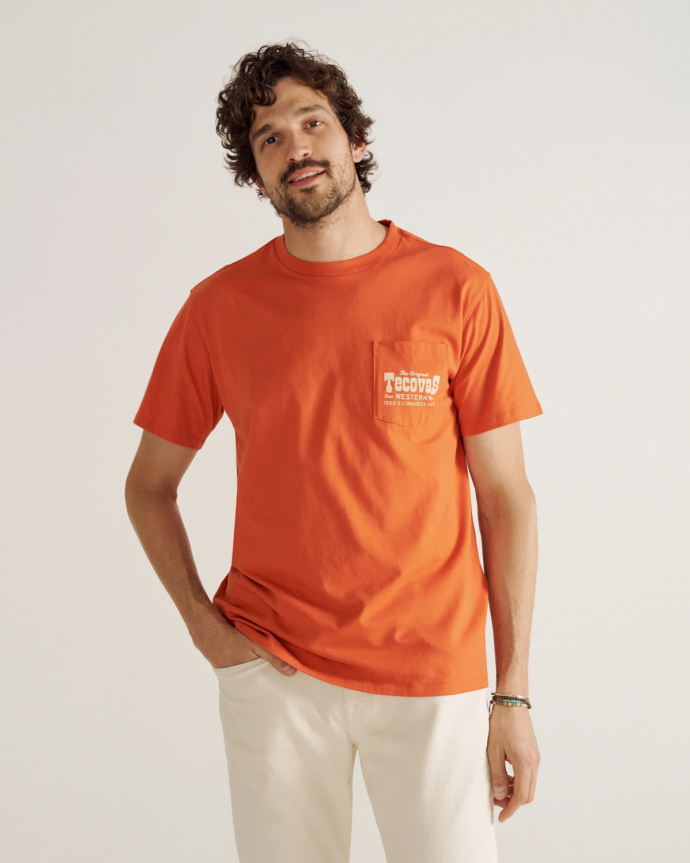 Closeup detail view of Men's Original Western Pocket Tee - Orange / Bone