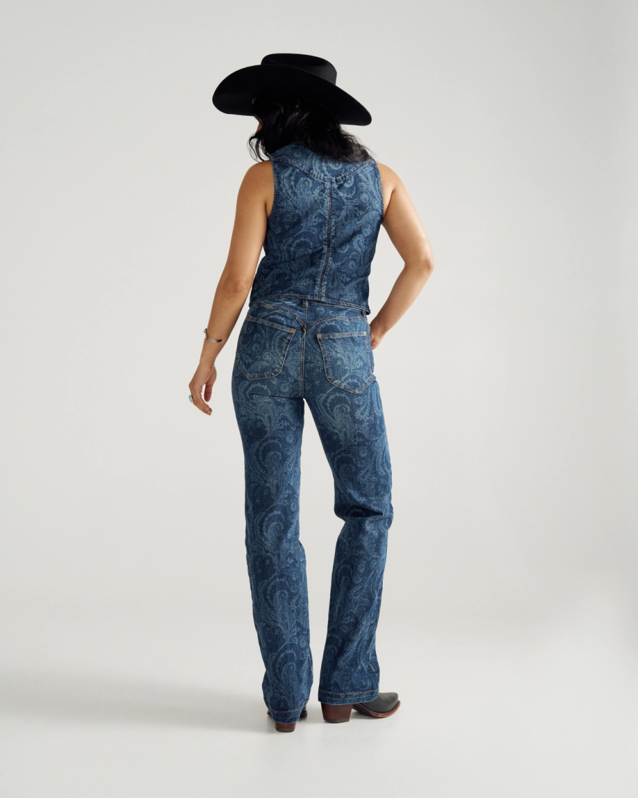 Back view of Women's Vintage High Rise Jean - Blue on model